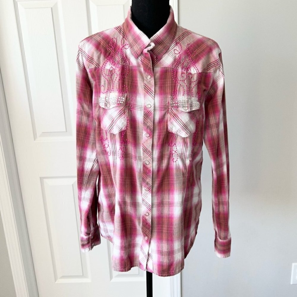 Panhandle Slim Embroidered Rhinestones Plaid  Western Shirt